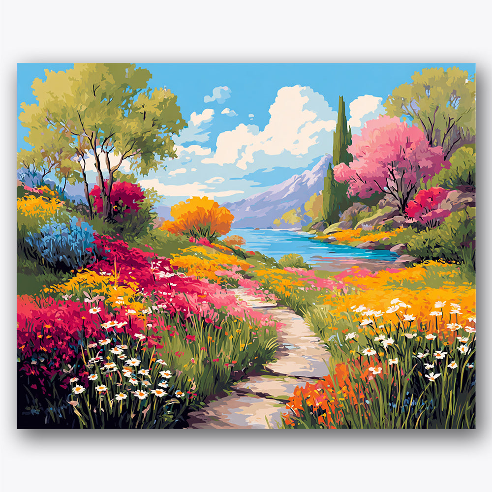 Paint by numbers design of garden path, lake, vibrant flowers, winding pathway