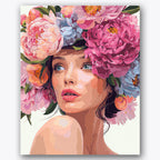 Paint by numbers design of woman, floral crown, vibrant pink peonies, realistic human skin tones, A striking