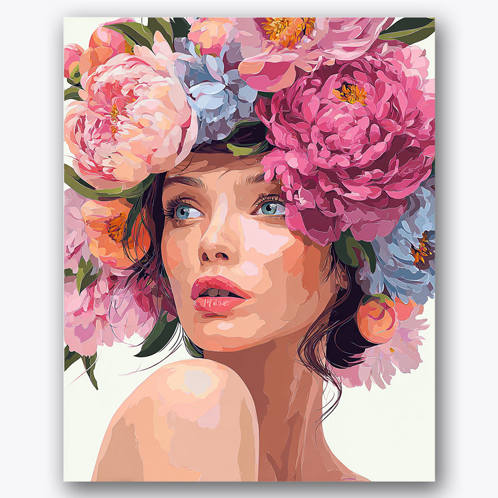 Paint by numbers design of woman, floral crown, vibrant pink peonies, realistic human skin tones, A striking