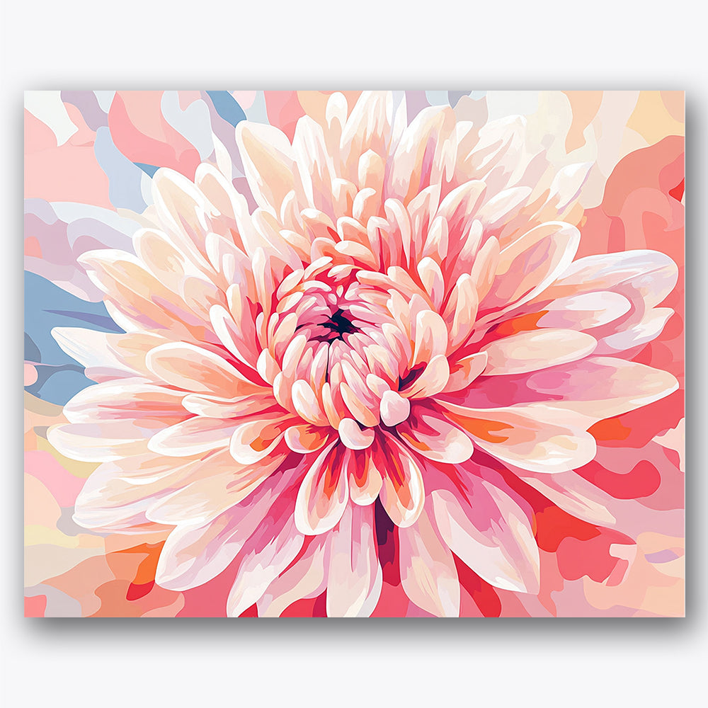 Paint by numbers design of chrysanthemum, abstract shapes, large pink petals, peach and pink hues