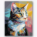 Paint by numbers design of cat, geometric pattern, vibrant color palette, A close-up of a cat with a dynamic geometric design