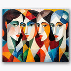 Paint by numbers design of abstract faces, geometric style, interlocking faces, vivid colors