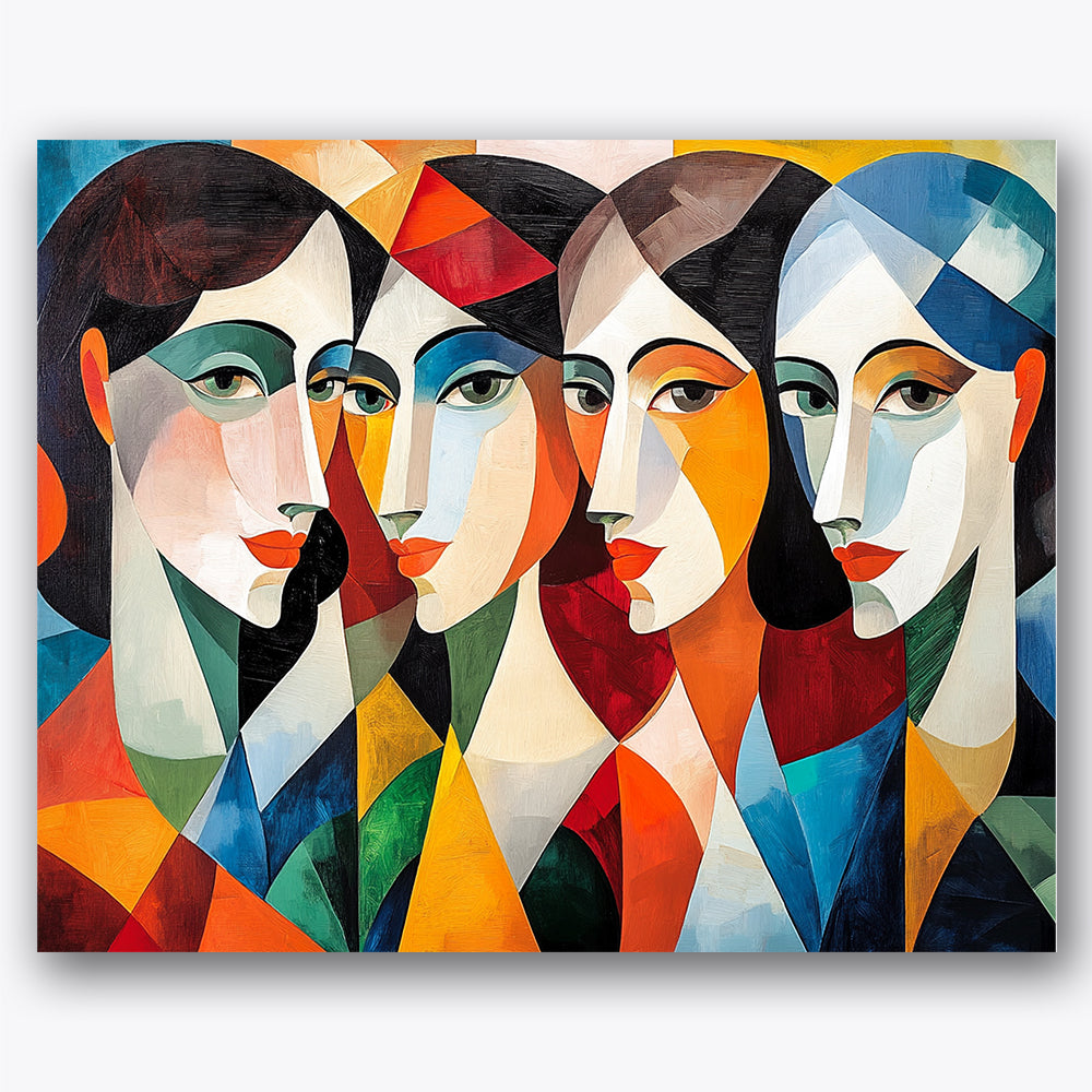 Paint by numbers design of abstract faces, geometric style, interlocking faces, vivid colors