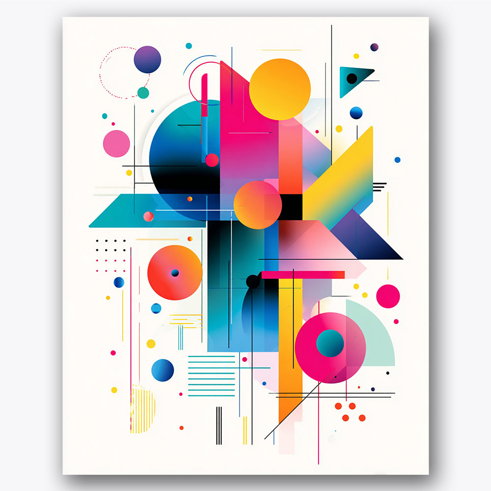 Paint by numbers design of geometric shapes, vibrant colors, overlapping circles, vivid color gradients