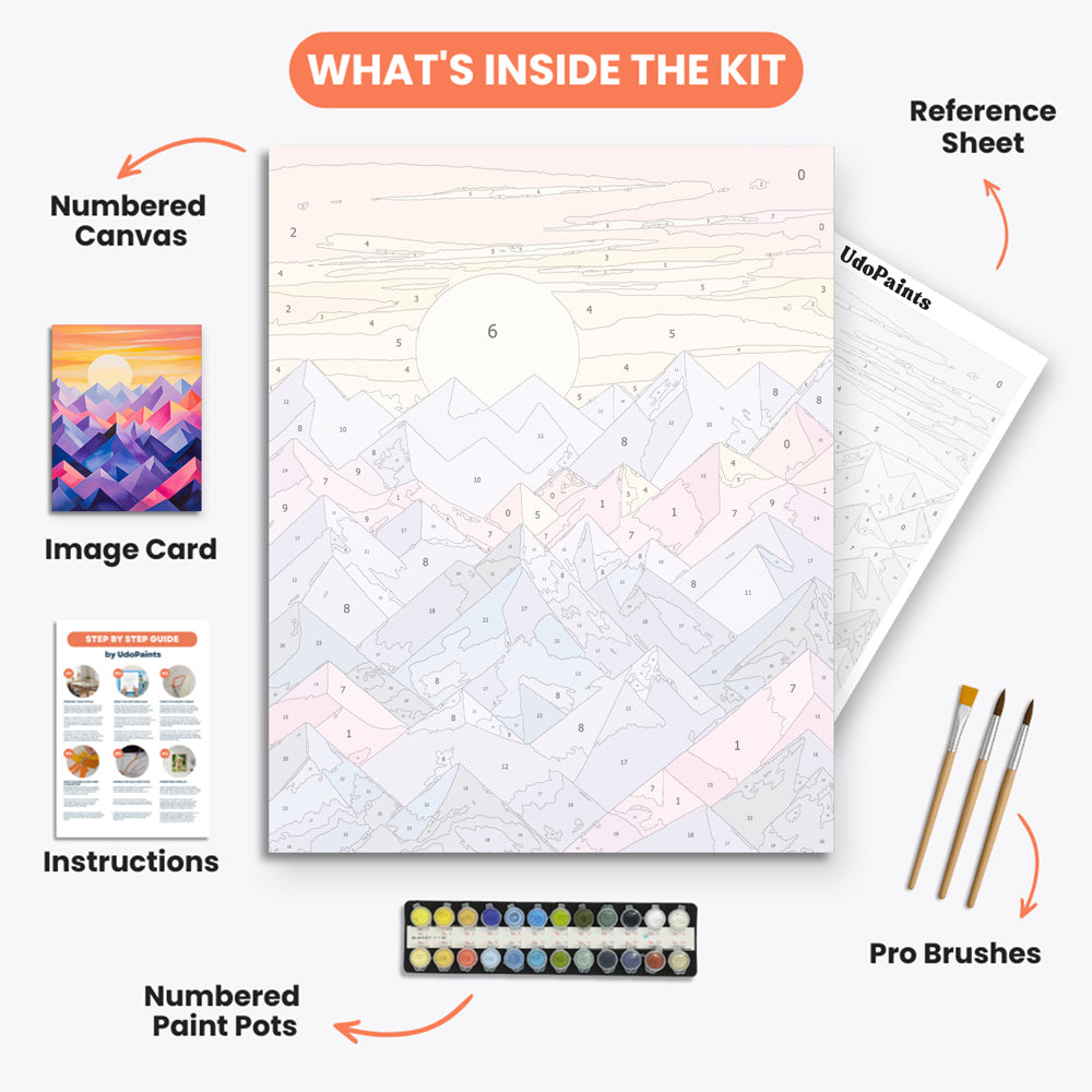 Geometric Mountain Escape Paint by Numbers Kit – includes numbered canvas, paint pots, brushes, and instructions