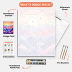 Geometric Sunset Peaks Paint by Numbers Kit – includes numbered canvas, paint pots, brushes, and instructions