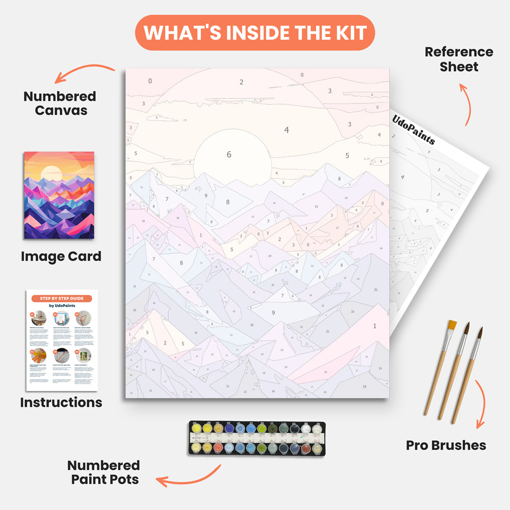Geometric Sunset Peaks Paint by Numbers Kit – includes numbered canvas, paint pots, brushes, and instructions