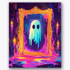 Paint by numbers design of ghost, dripping frame, dripping paint effect, glowing candles
