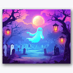 Paint by numbers design of ghost, graveyard, glowing lanterns, full moon backdrop
