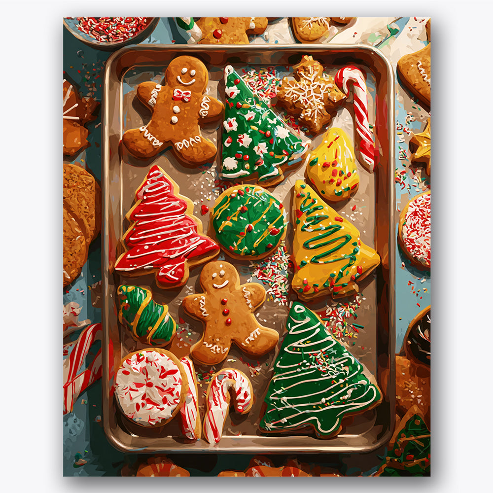 Paint by numbers design of gingerbread cookies, festive shapes, gingerbread figures, colorful icing