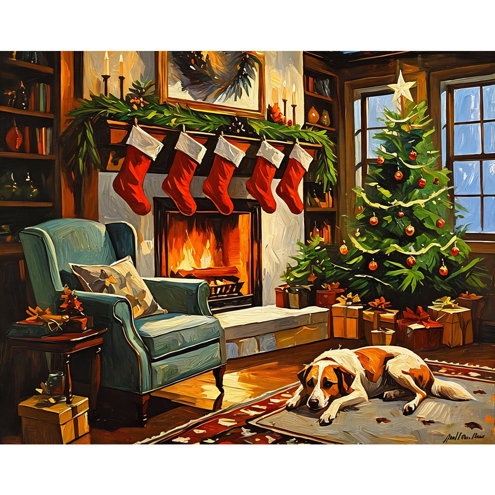 Cozy Christmas Eve Paint by Numbers Kit design preview showing the full artwork layout before painting