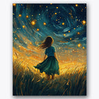 Paint by numbers design of girl, starlit sky, swirling night sky, golden light orbs