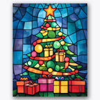 Paint by numbers design of Christmas tree, wrapped presents, star-topped tree, wrapped gifts below