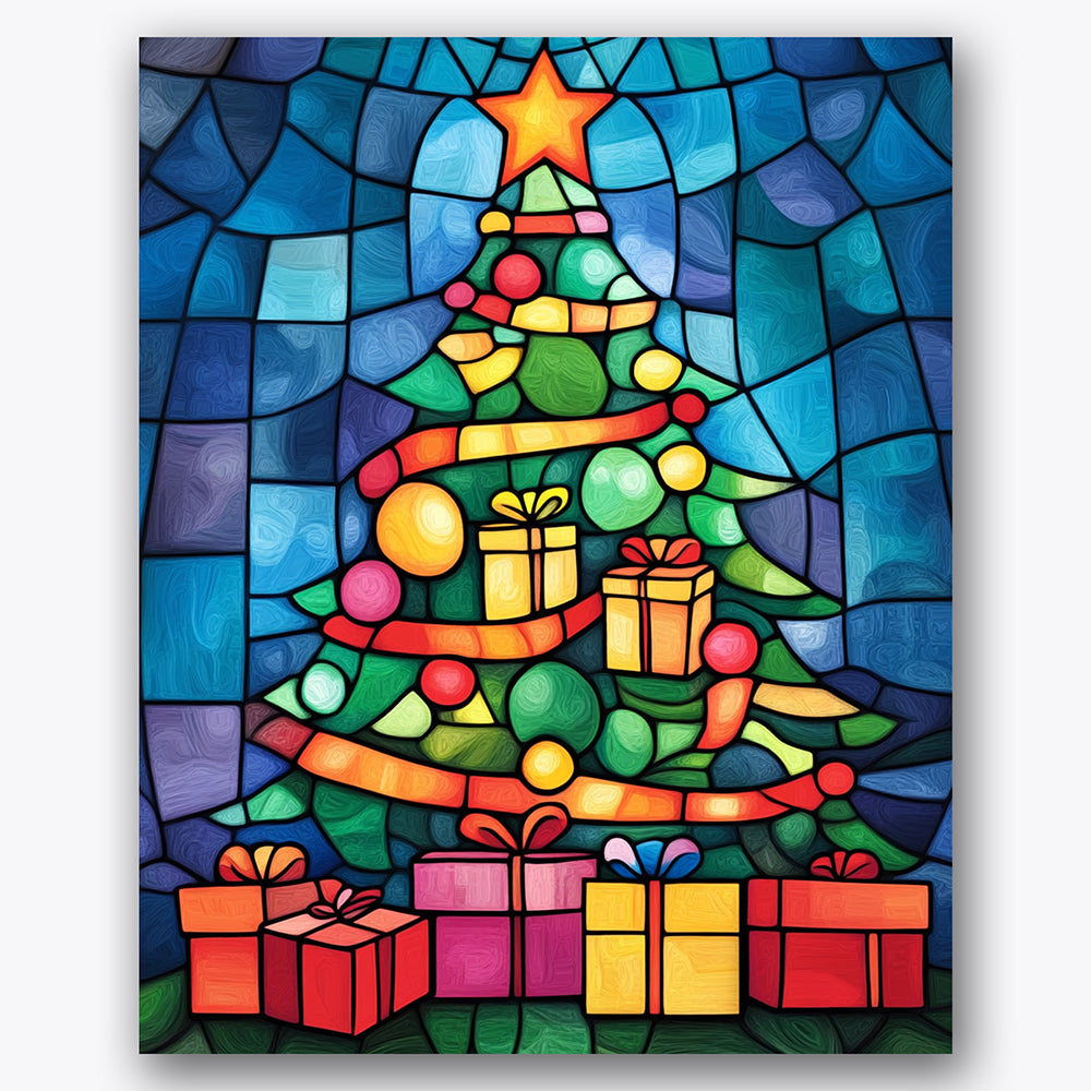 Paint by numbers design of Christmas tree, wrapped presents, star-topped tree, wrapped gifts below