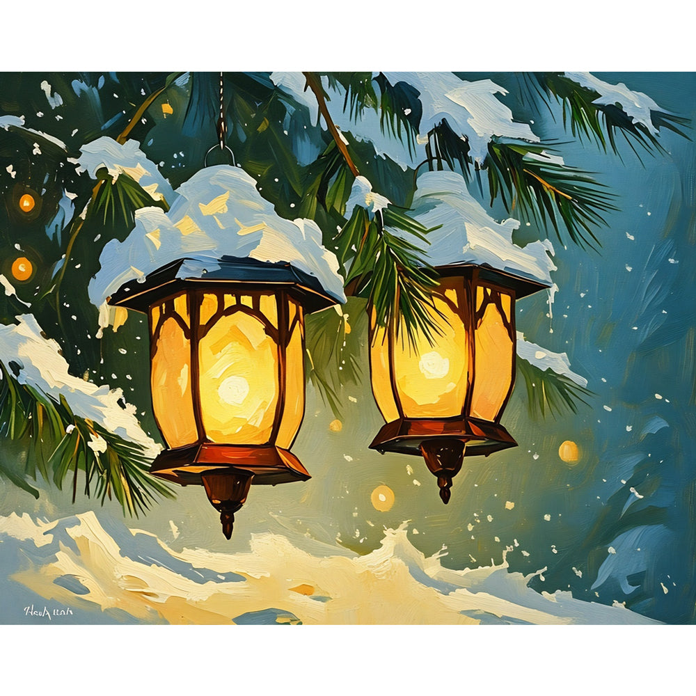 Glowing Winter Lanterns Paint by Numbers Kit design preview showing the full artwork layout before painting