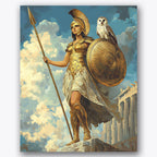 Paint by numbers design of warrior goddess, owl, golden armor, ancient columns, A majestic scene with a warrior goddess