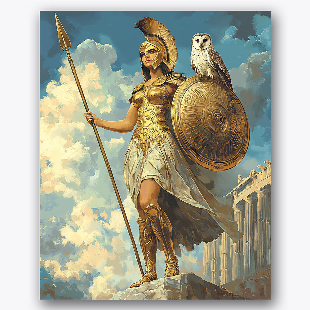 Paint by numbers design of warrior goddess, owl, golden armor, ancient columns, A majestic scene with a warrior goddess