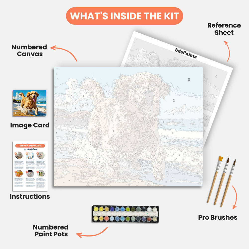 Golden Beach Adventure Paint by Numbers Kit – includes numbered canvas, paint pots, brushes, and instructions