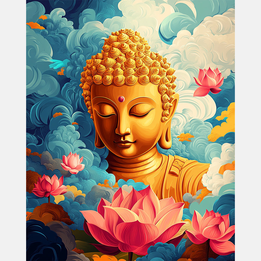 Golden Buddha Blooms Paint by Numbers Kit design preview showing the full artwork layout before painting