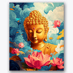 Paint by numbers design of Buddha, lotus flowers, golden Buddha face, pink lotus blossoms