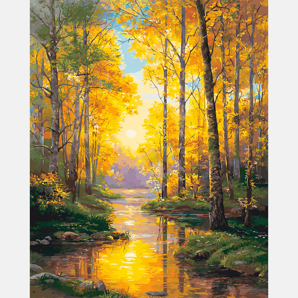 Golden Forest Stream Paint by Numbers Kit design preview showing the full artwork layout before painting