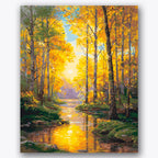Paint by numbers design of forest stream, autumn trees, golden autumn leaves, reflective water
