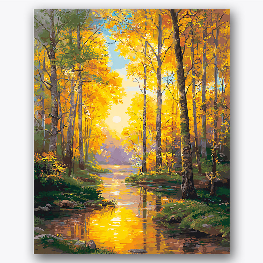 Paint by numbers design of forest stream, autumn trees, golden autumn leaves, reflective water