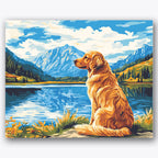 Paint by numbers design of golden retriever, mountain lake, golden retriever fur, majestic mountains