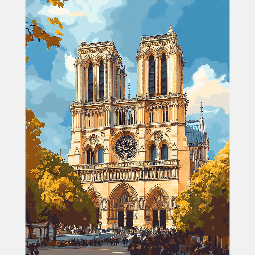 Golden Notre Dame Paint by Numbers Kit design preview showing the full artwork layout before painting