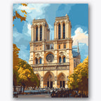 Paint by numbers design of Notre Dame Cathedral, autumn trees, golden cathedral facade, vibrant blue sky