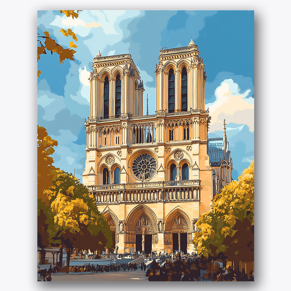 Paint by numbers design of Notre Dame Cathedral, autumn trees, golden cathedral facade, vibrant blue sky