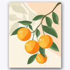 Paint by numbers design of oranges, green leaves, bright orange fruits, curved branch, Oranges hang from a leafy branch