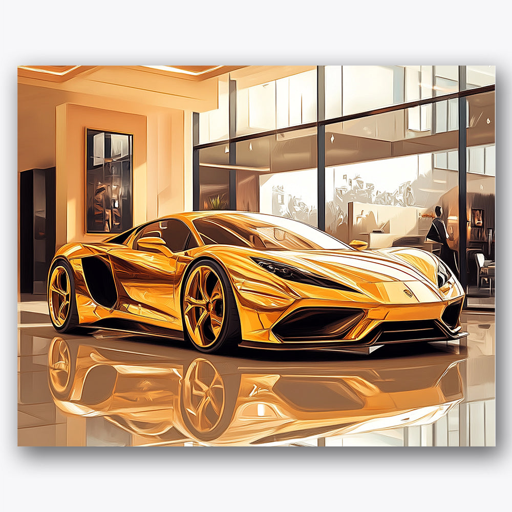 Paint by numbers design of golden car, showroom, sleek golden car, elegant showroom