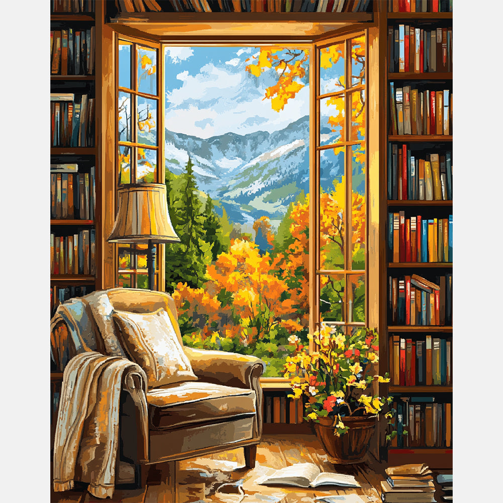 Golden Reading Corner Paint by Numbers Kit design preview showing the full artwork layout before painting