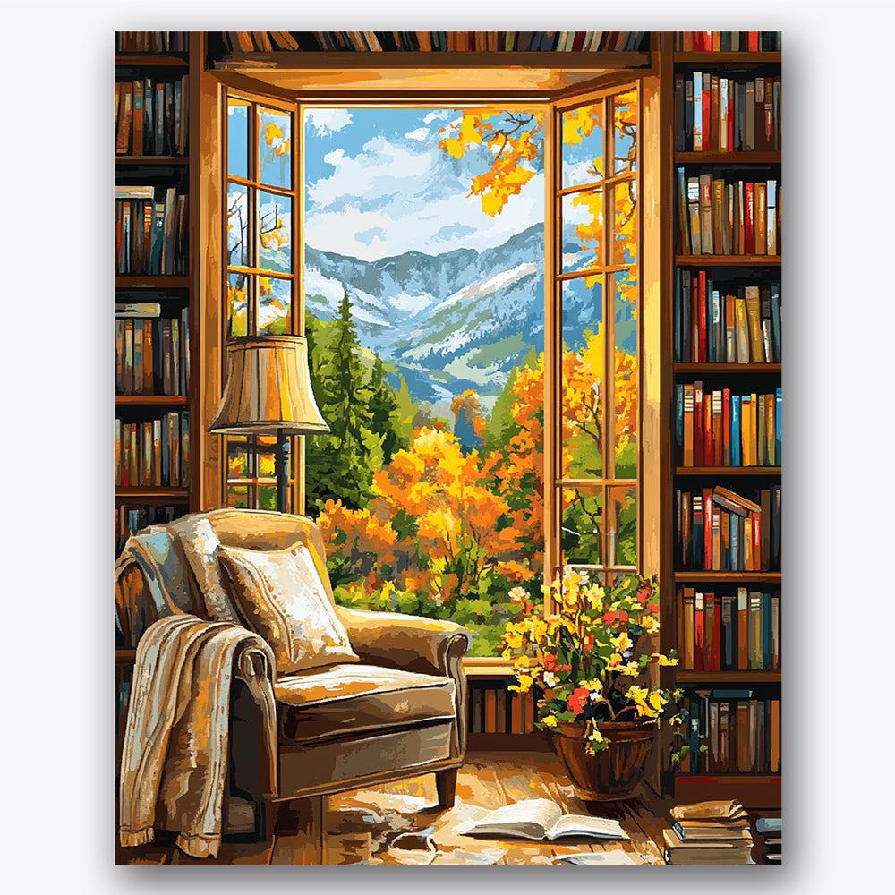 Paint by numbers design of reading nook, mountain view, chair with blanket, autumn trees outside