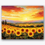 Paint by numbers design of sunflowers, sunset sky, rows of sunflowers, vibrant sunset sky