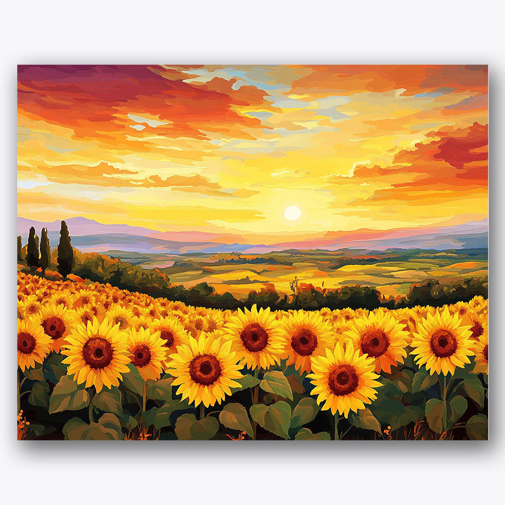 Paint by numbers design of sunflowers, sunset sky, rows of sunflowers, vibrant sunset sky
