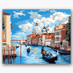 Paint by numbers design of gondolas, Venetian architecture, blue water reflections, orange rooftops