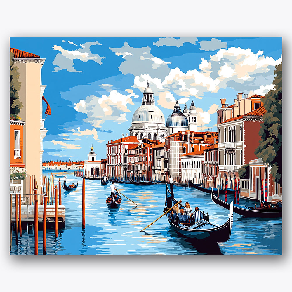 Paint by numbers design of gondolas, Venetian architecture, blue water reflections, orange rooftops