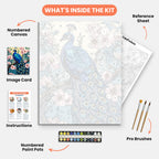 Graceful Peacock Paint by Numbers Kit – includes numbered canvas, paint pots, brushes, and instructions