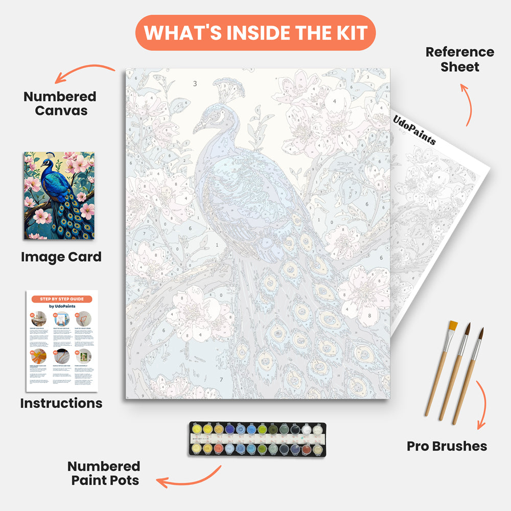 Graceful Peacock Paint by Numbers Kit – includes numbered canvas, paint pots, brushes, and instructions