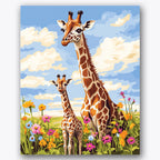 Paint by numbers design of giraffes, wildflowers, tall giraffe pair, vibrant wildflowers