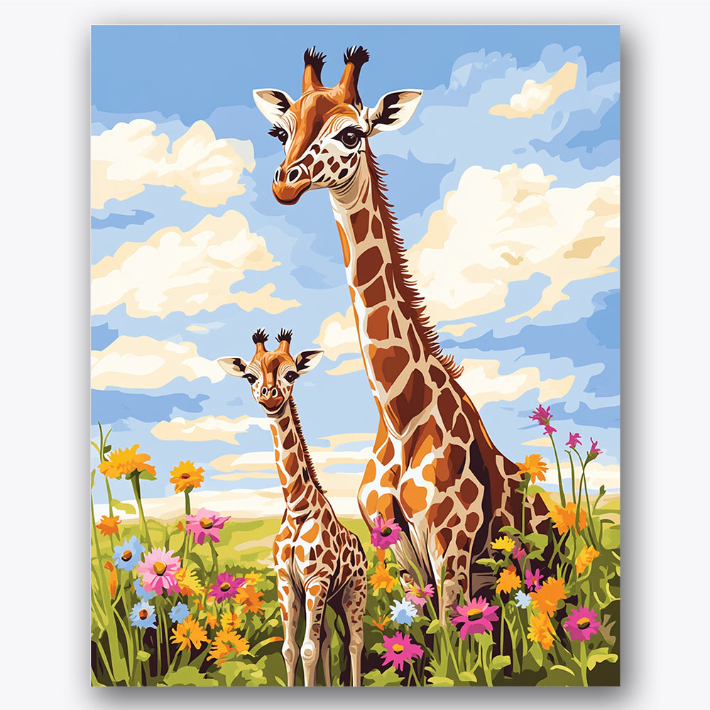 Paint by numbers design of giraffes, wildflowers, tall giraffe pair, vibrant wildflowers