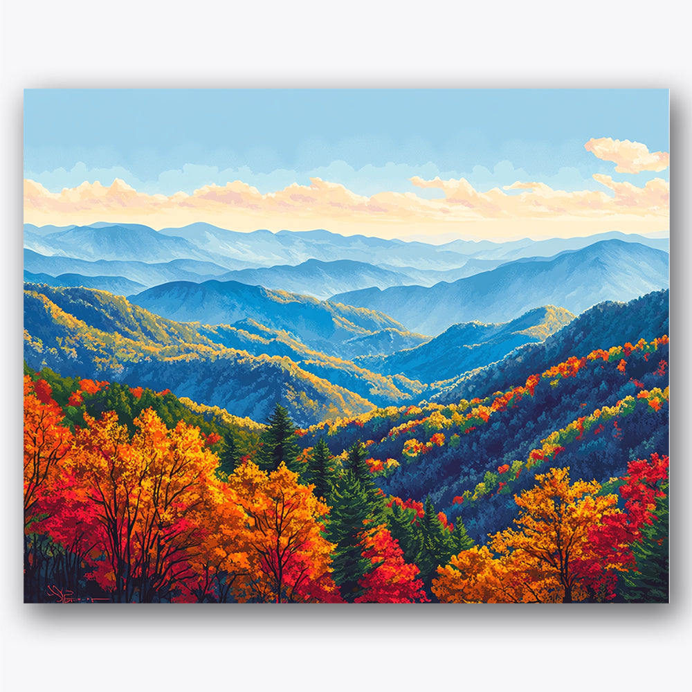 Paint by numbers design of mountains, autumn foliage, rolling blue hills, orange and red trees
