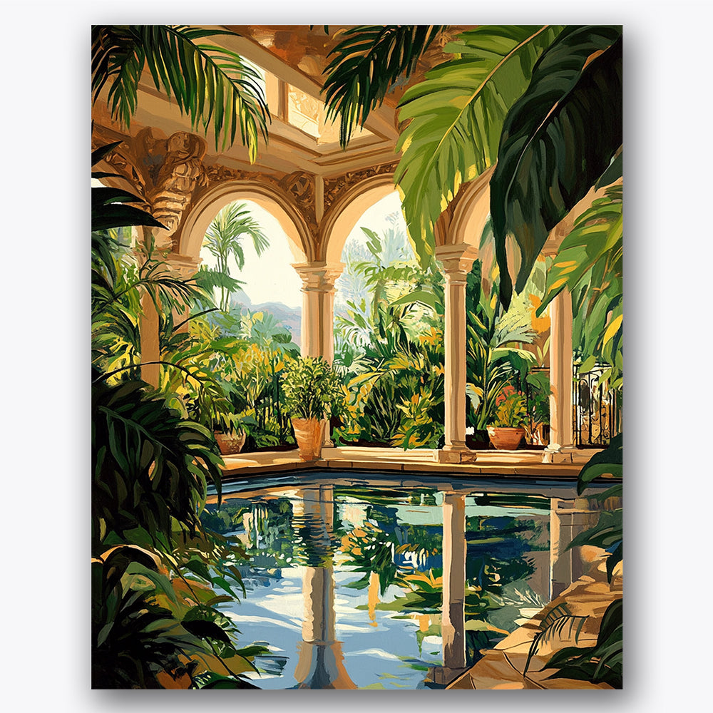 Paint by numbers design of pool, tropical plants, ornate columns, lush foliage