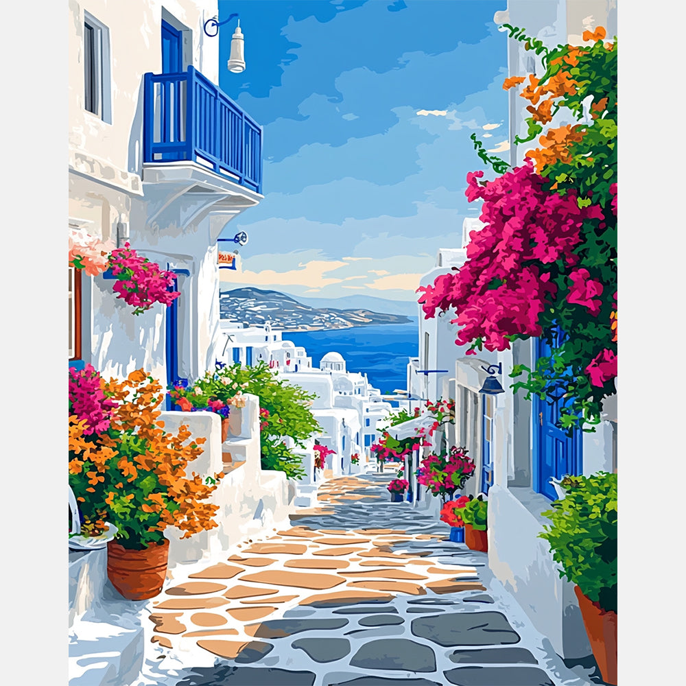 Greek Village Alley Paint by Numbers Kit design preview showing the full artwork layout before painting