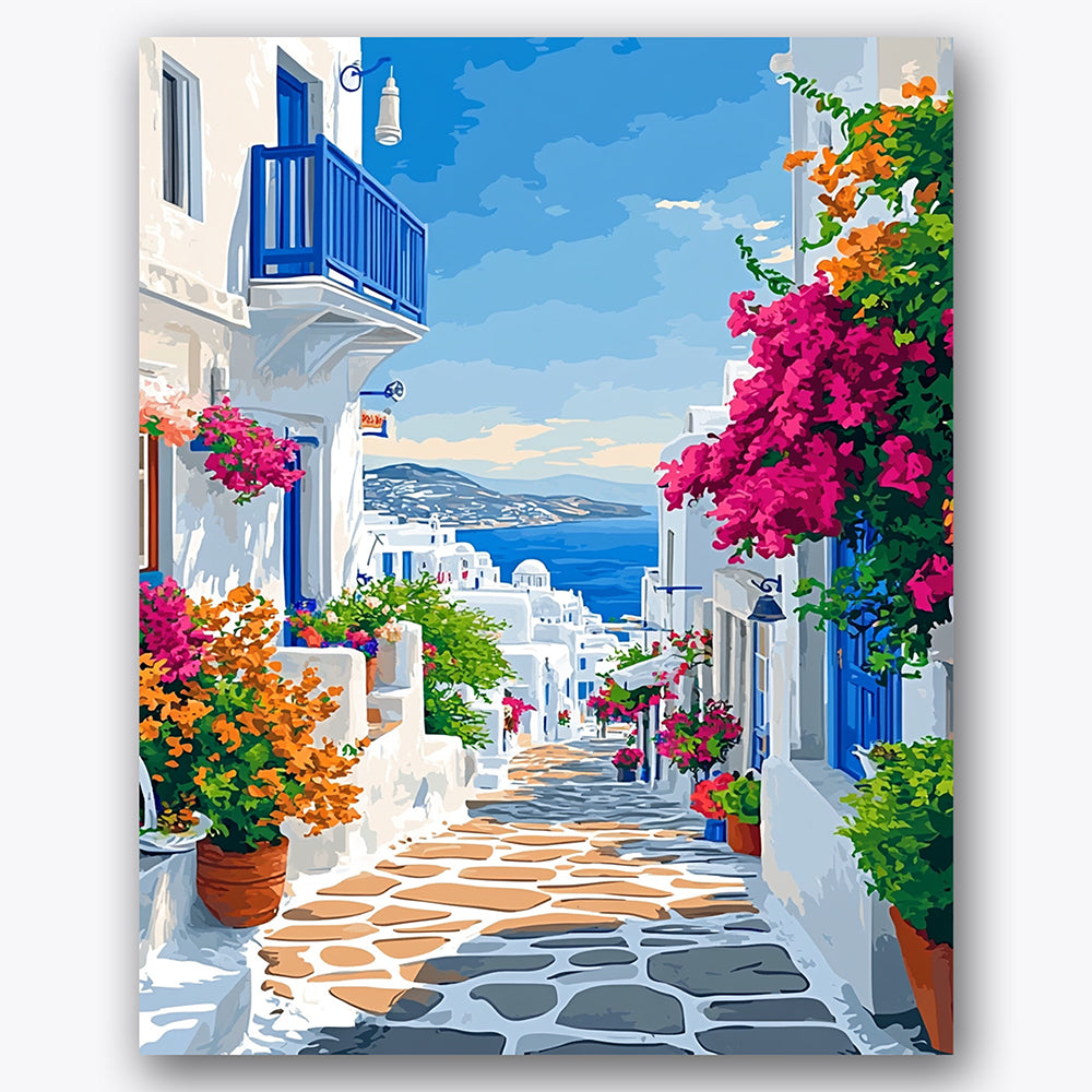 Paint by numbers design of Greek village, flowering alley, cobblestone pathways, vibrant flower pots