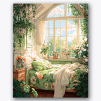 Paint by numbers design of bedroom, greenery, arched window, floral bedcovers, A cozy bedroom bathed in sunlight