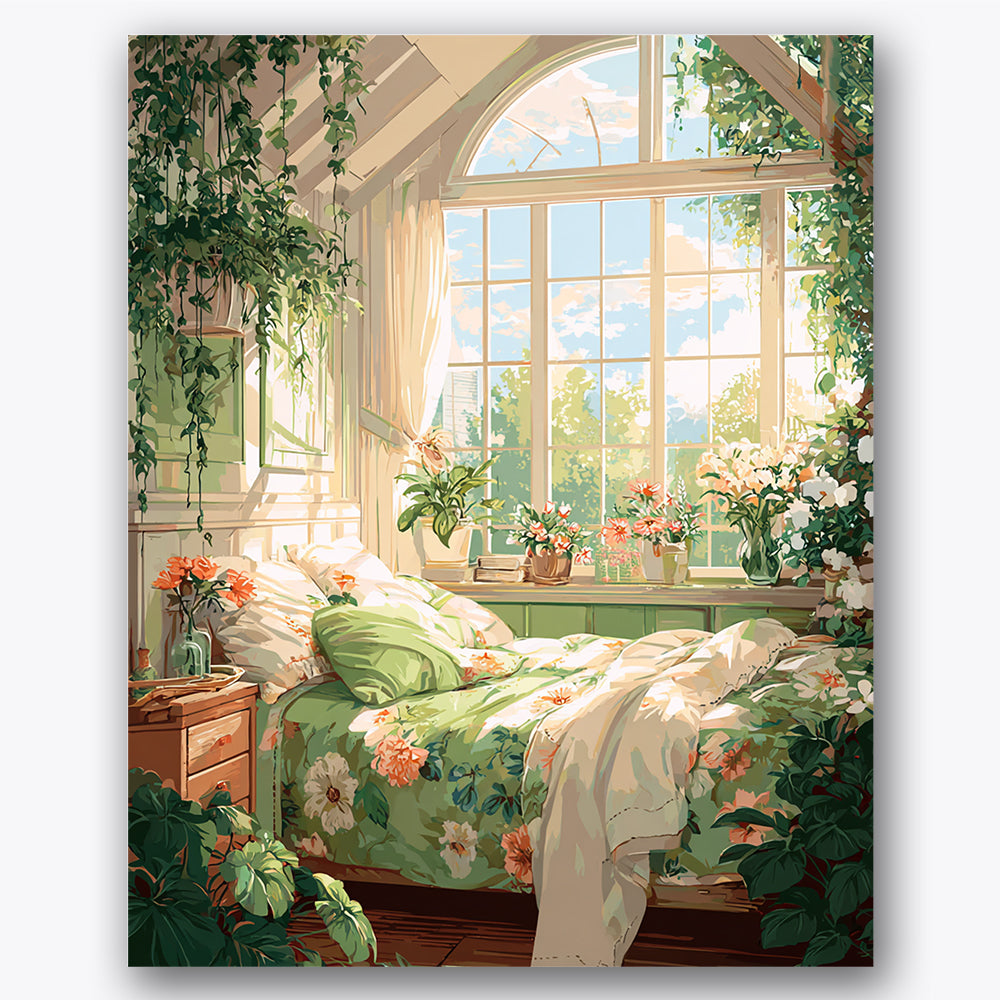Paint by numbers design of bedroom, greenery, arched window, floral bedcovers, A cozy bedroom bathed in sunlight