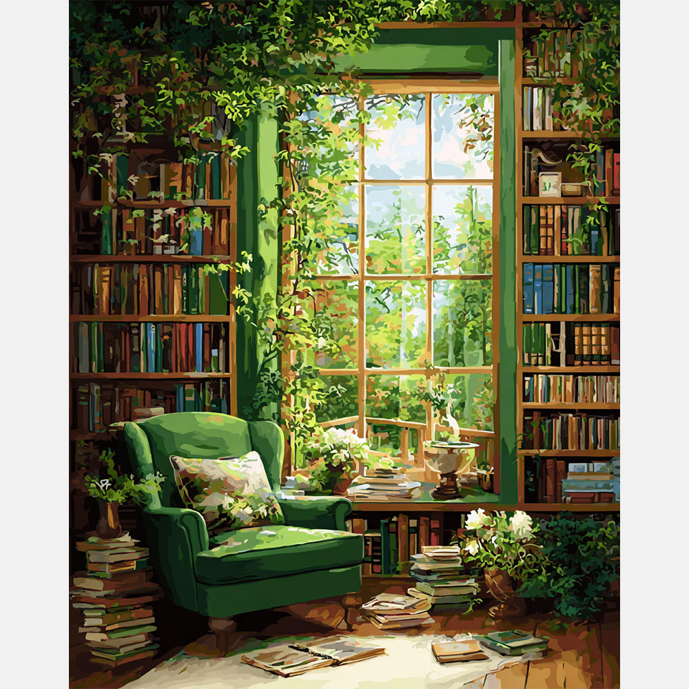 Green Reading Haven Paint by Numbers Kit design preview showing the full artwork layout before painting